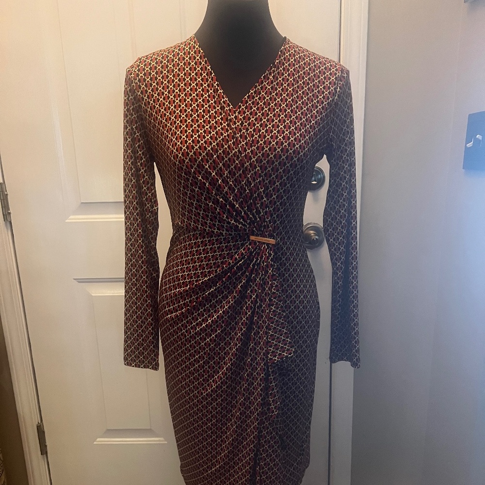 Michael Kors Red Gold Black Chain Print Long Sleeve Dress